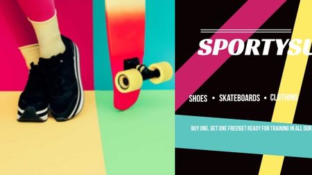Sports Equipment Ad with Girl by Bright Skateboard Title Design Template