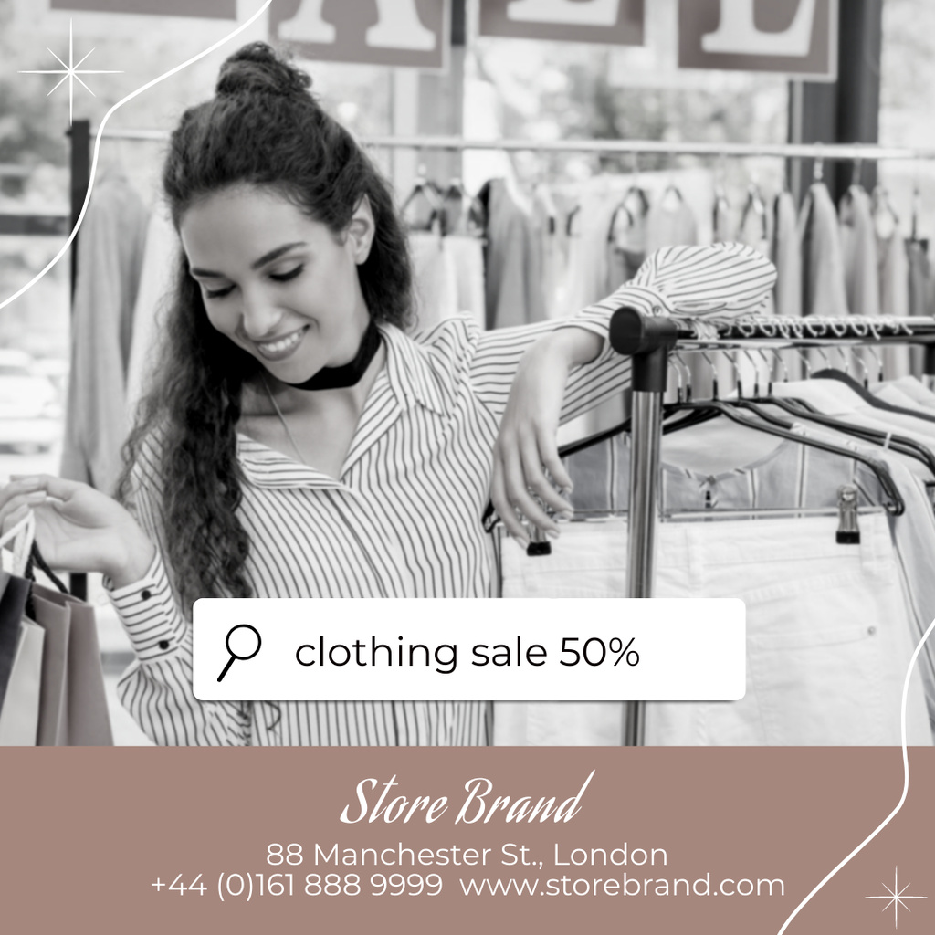 Designvorlage Clothing Sale with Cute Curly Girl für Instagram AD