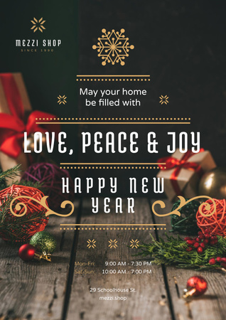 New Year Greeting Decorations and Presents Poster Design Template