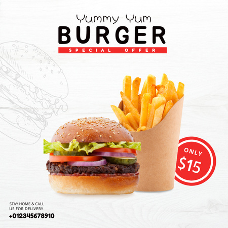 Delicious Burger Ad with French Fries Instagram Modelo de Design