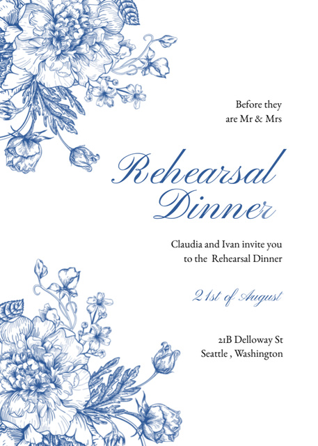 Designvorlage Rehearsal Dinner Announcement with Blue Flowers für Invitation