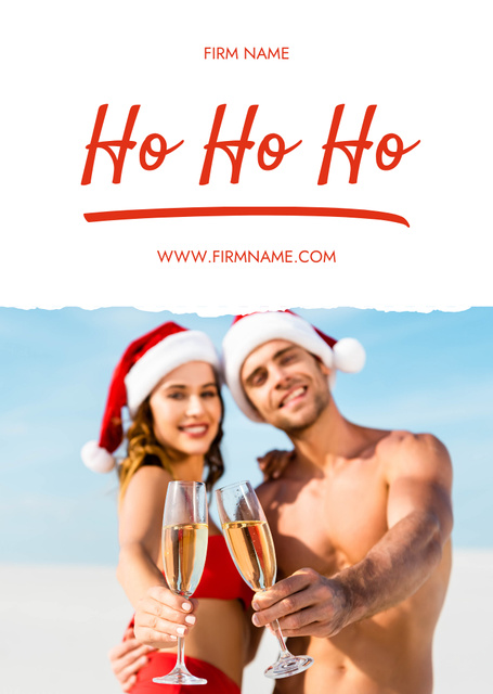 Couple In Santa Hats With Glasses Of Champagne Postcard A6 Vertical Design Template