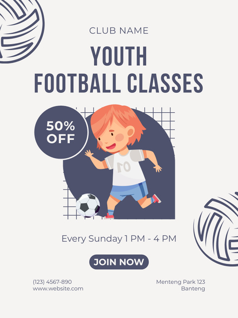 Youth Football Classes Ad with Cute Little Boy Poster US Πρότυπο σχεδίασης