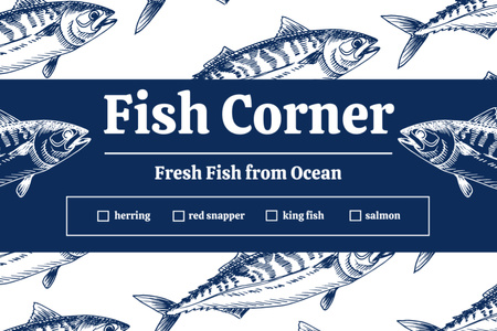 Свежая морская рыба на голубом фоне Label – шаблон для дизайна
