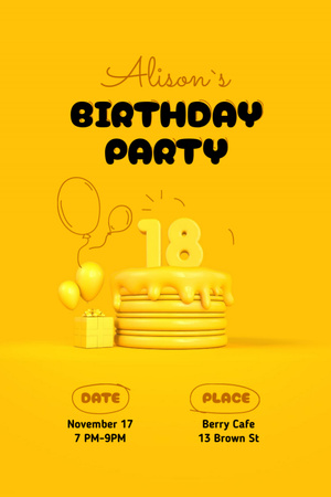Bright Yellow Ad of Birthday Party with Festive Cake Flyer 4x6in Design Template