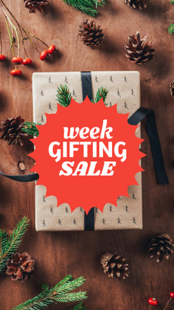 Ontwerpsjabloon van Instagram Story van Winter Holiday Sale with Gift and Pine Cones