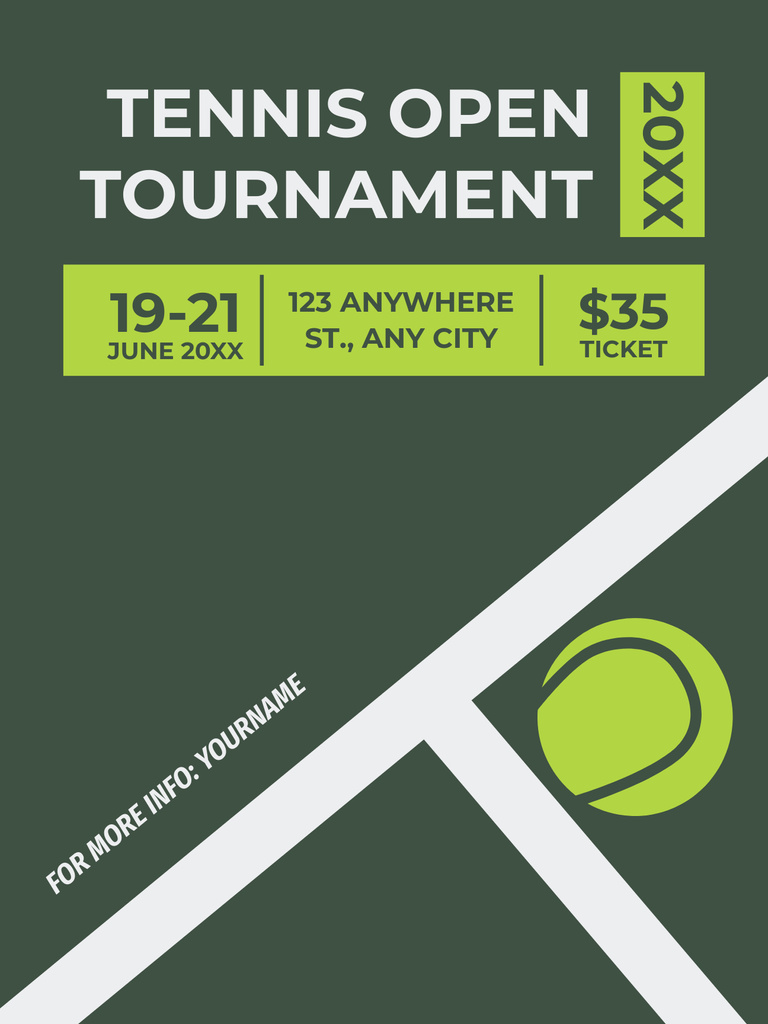 Tennis Tournament Announcement on Green Poster USデザインテンプレート