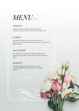 Elegant Wedding Dishes List with Bouquet Menu Modelo de Design