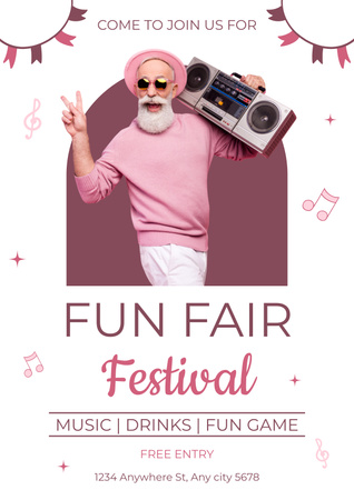 Fun Fair Festival With Music And Drinks For Seniors Poster Design Template