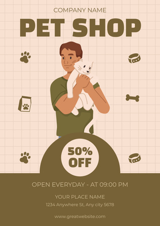 Kisállatbolt hirdetése boldog kutyatulajdonos illusztrációjával Poster tervezősablon