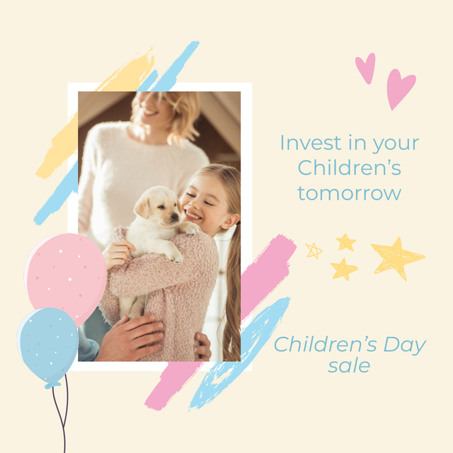 Template di design Children's Day Holiday whit Cute Girl and Puppy Animated Post