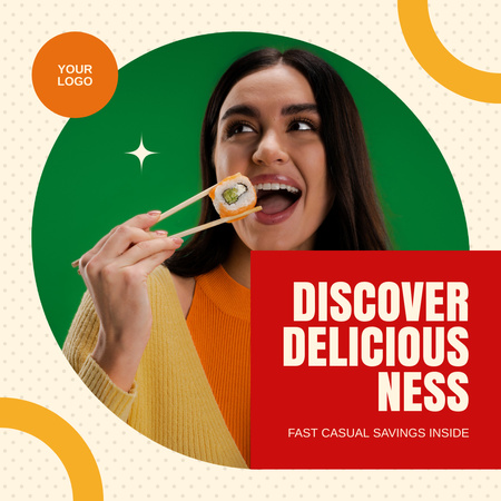 Designvorlage Fast-Casual-Restaurantangebot mit einer Frau, die Sushi probiert für Instagram AD