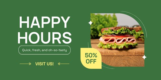 Ontwerpsjabloon van Twitter van Happy Hours Ad with Tasty Lettuce Sandwich