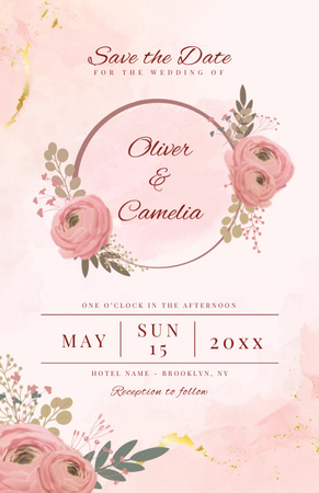 Wedding Announcement with Pink Flowers Invitation 5.5x8.5in Design Template