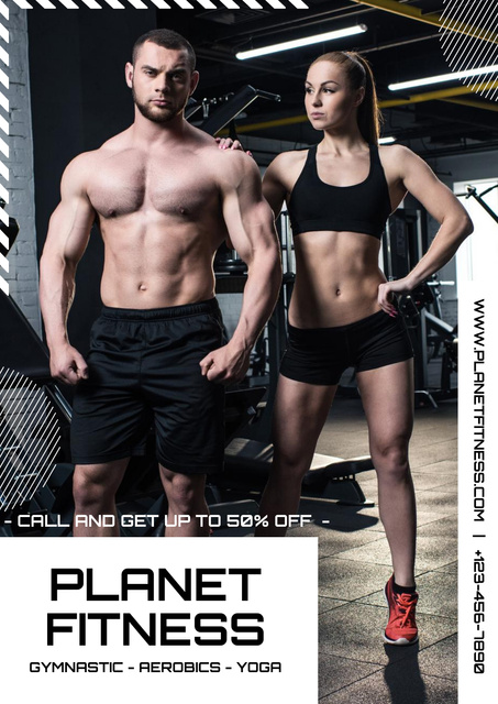 Beautiful Young Sporty Couple in Fitness Club Poster Šablona návrhu