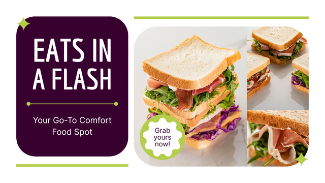 Modèle de visuel Fast Casual Restaurant Ad with Delicious Sandwiches - Title 1680x945px