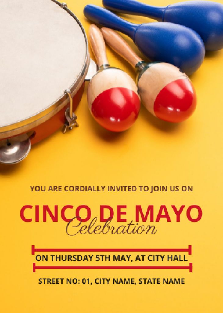 Plantilla de diseño de Cinco de Mayo Celebration With Maracas on Yellow Invitation 