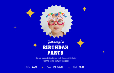 Birthday Party Announcement With Cute Kid on Blue Invitation 4.6x7.2in Horizontal Design Template
