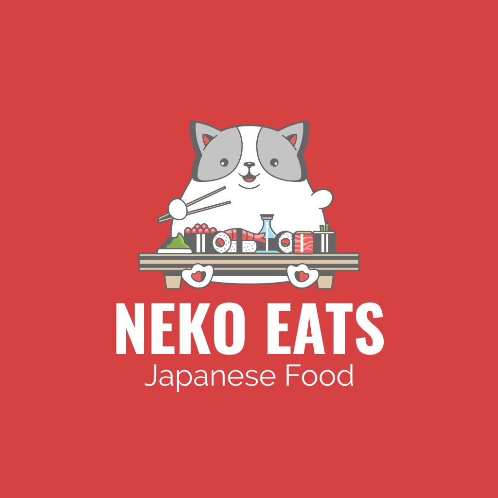 Japanese Restaurant Ad with Cute Adorable Cat Logo Tasarım Şablonu
