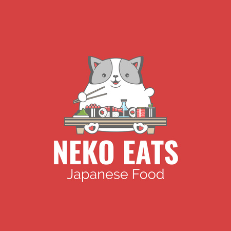 Japanese Restaurant Ad with Cute Cat Logo Design Template