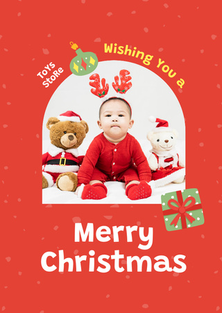 Joyous Christmas Greetings with Cute Baby and Toys In Red Postcard A6 Vertical Design Template