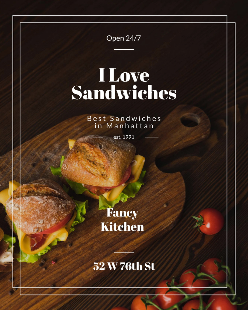 Fresh Tasty Sandwiches on Board with Tomatoes Poster 16x20in Šablona návrhu