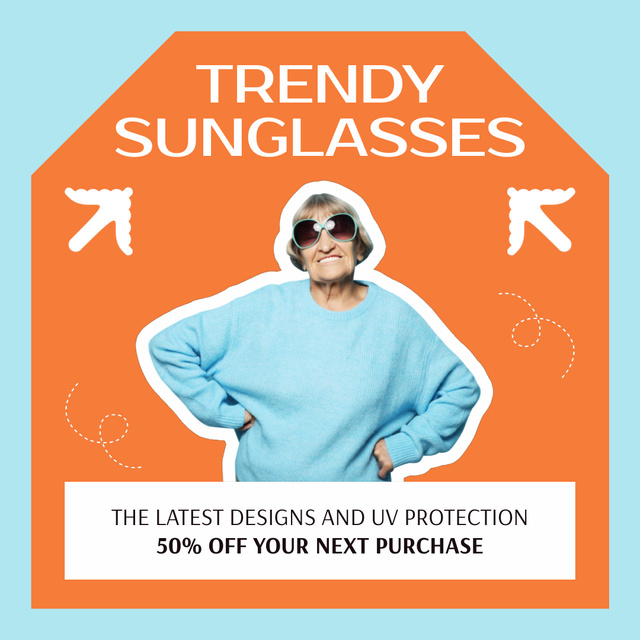 Offer Latest Collection of Quality Sunglasses with Smiling Old Lady Animated Post Design Template