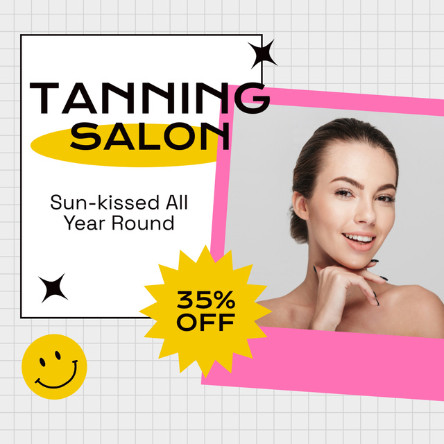 Tanning Salon Advertising with Young Happy Woman Instagram ADデザインテンプレート
