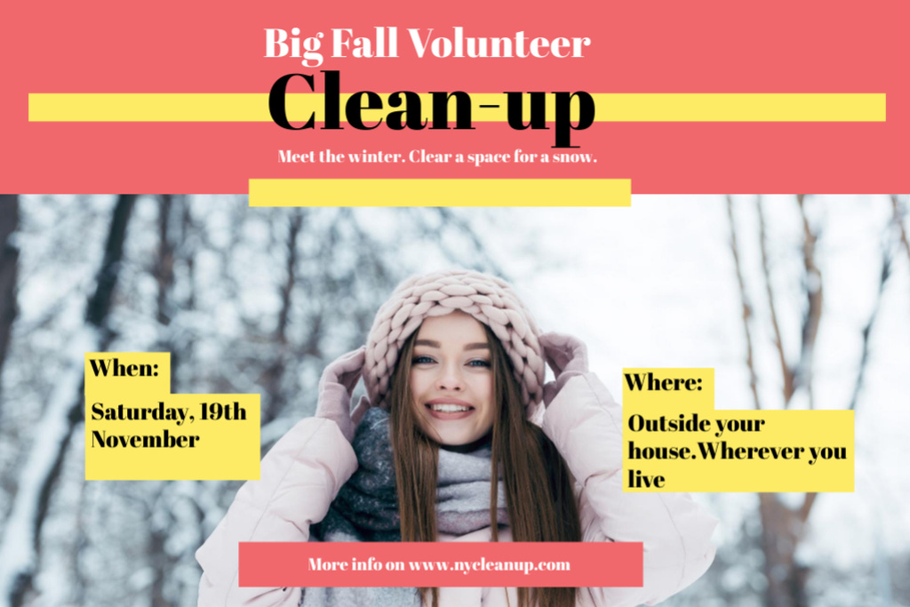 Volunteer At Winter Clean Up Event with Smiling Woman Postcard 4x6in Modelo de Design