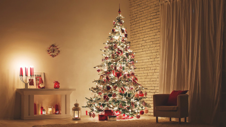 Beautiful Interior with Glowing Christmas Tree Zoom Background Design Template