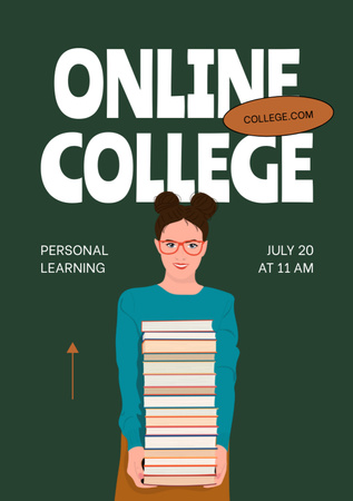 Online College Apply with Girl with Books Illustration Flyer A5 Design Template