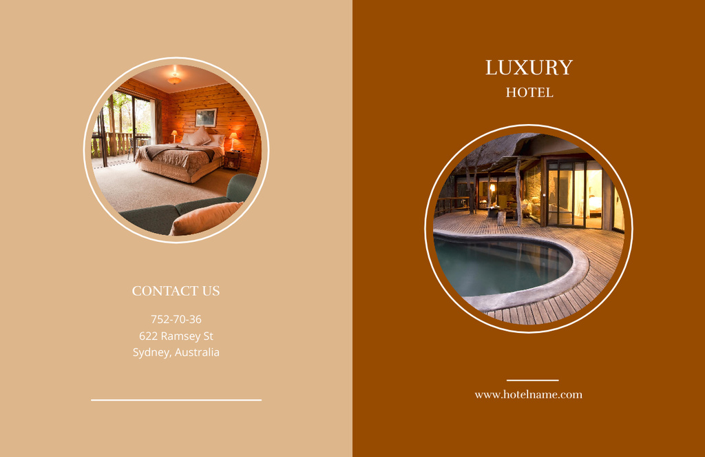 Ontwerpsjabloon van Brochure 11x17in Bi-fold van Ad of Luxury Hotel with Photos of Pool and Rooms