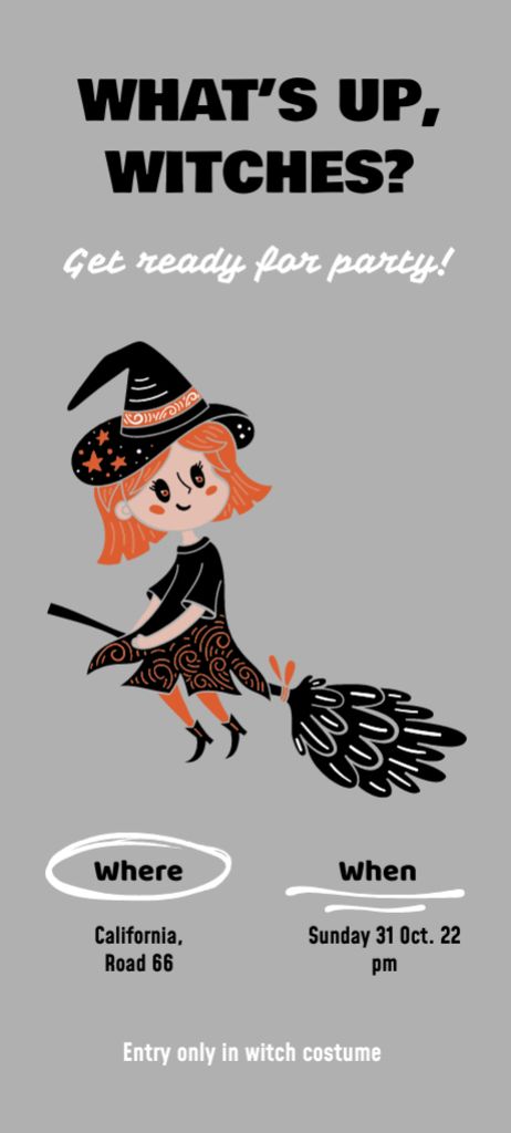 Halloween Party Announcement with Cute Cartoon Witch Invitation 9.5x21cm Design Template
