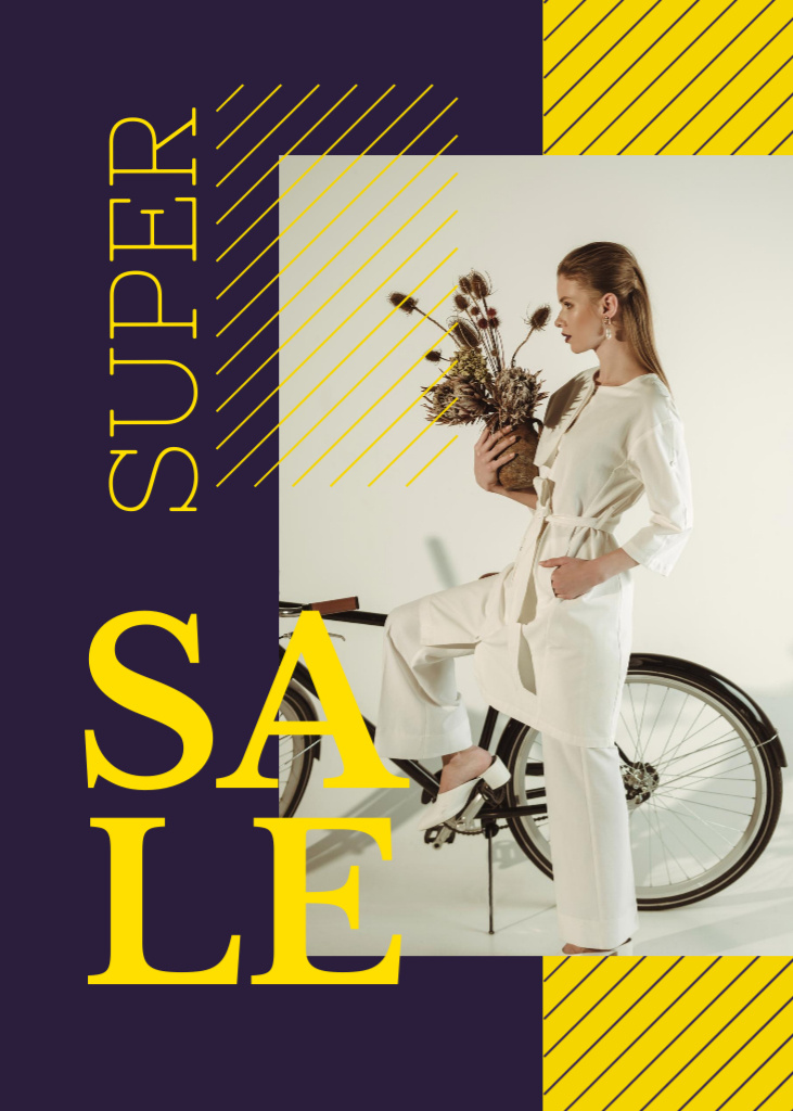 Ontwerpsjabloon van Flayer van Clothes Sale Young Attractive Woman by Bicycle