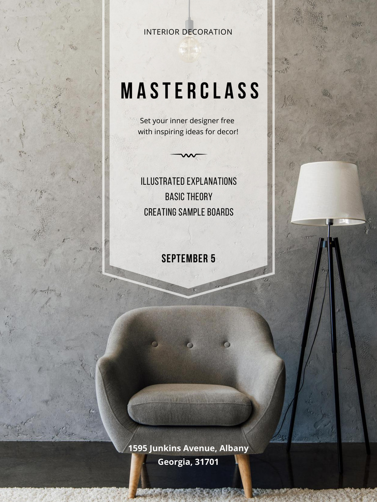 Interior Design Masterclass Ad with Stylish Lamp Poster USデザインテンプレート