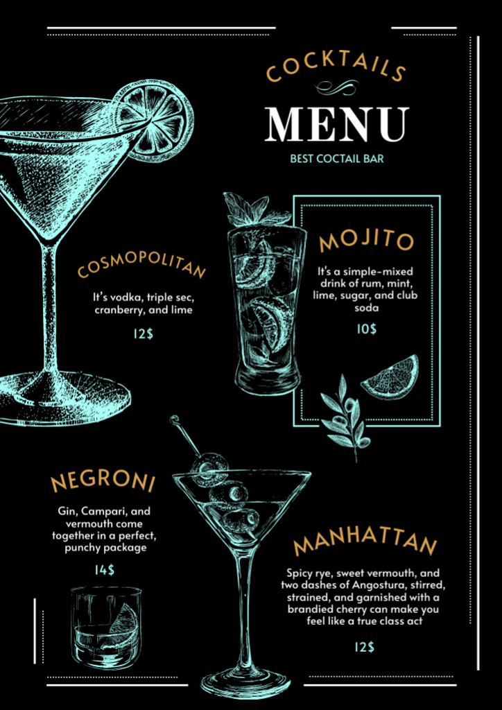 Cocktails In Stylish Black Illustration Offer Menu – шаблон для дизайну