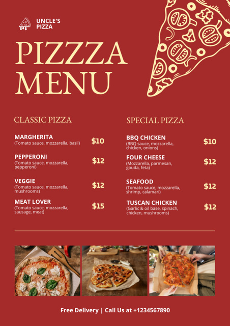 Designvorlage Prices for Different Pizza on Red für Menu