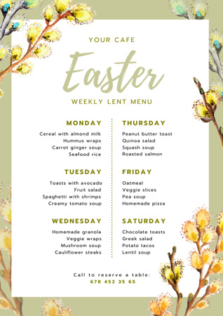 Designvorlage Offer of Easter Meals with Pussy Willow Twigs für Menu