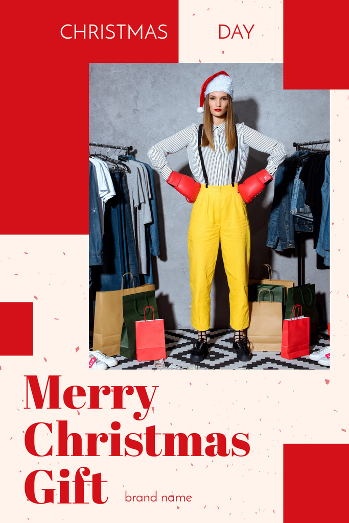Plantilla de diseño de Christmas Greeting Confident Woman with Packages Pinterest 