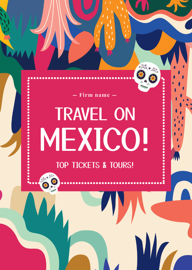 Colorful Mexico Travel Tours With Tickets Postcard A6 Vertical Design Template