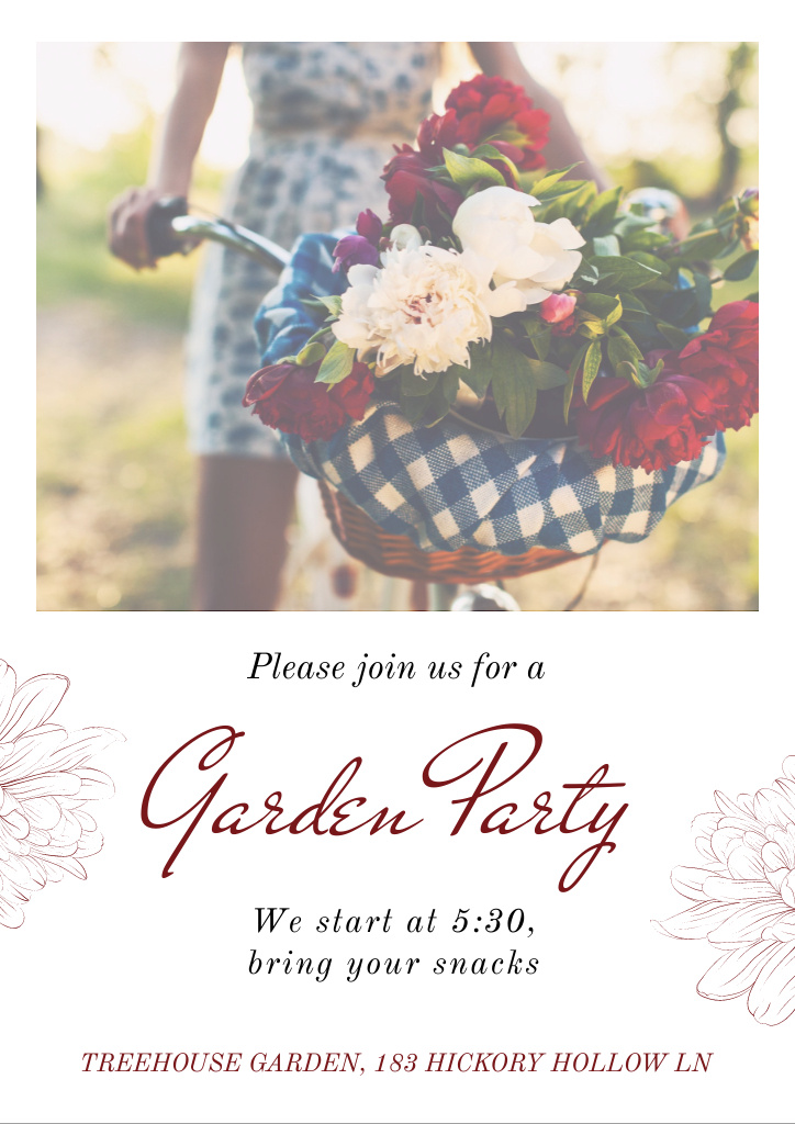 Garden Party Announcement with Girl riding Bicycle with Flowers Flyer A4 Design Template