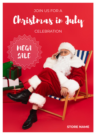 Ontwerpsjabloon van Flayer van  Christmas Sale in July with Santa Claus Sitting on a Chaise Lounge