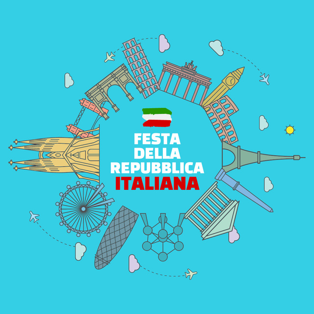 Italian National Day Ad with Cartoon Architectural Sights Instagramデザインテンプレート