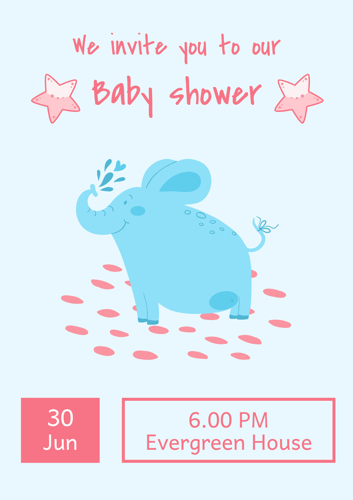 Baby Shower Invitation with Cute Doodle Elephant Poster Tasarım Şablonu