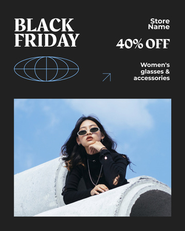 Venda de sexta-feira negra com mulher em óculos de sol elegantes Instagram Post Vertical Modelo de Design