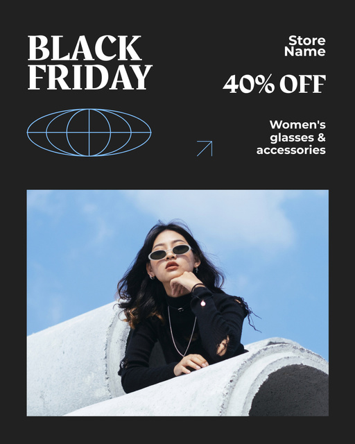 Black Friday Sale with Woman in Stylish Sunglasses Instagram Post Vertical Πρότυπο σχεδίασης