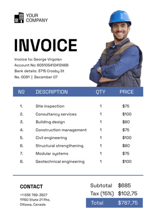 Designvorlage Rechnung der Baufirma mit einem gutaussehenden lächelnden Mann für Invoice
