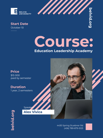 Business Course Announcement with Coach on Blue Poster US Design Template