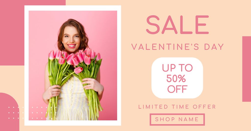 Valentine's Day Sale with Woman with Tulip Bouquets Facebook AD Design Template