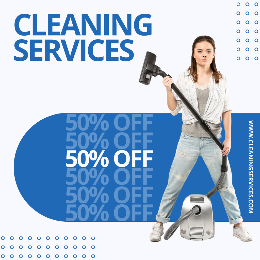 Cleaning Services Offer with Girl with Vacuum Cleaner Instagram AD Design Template